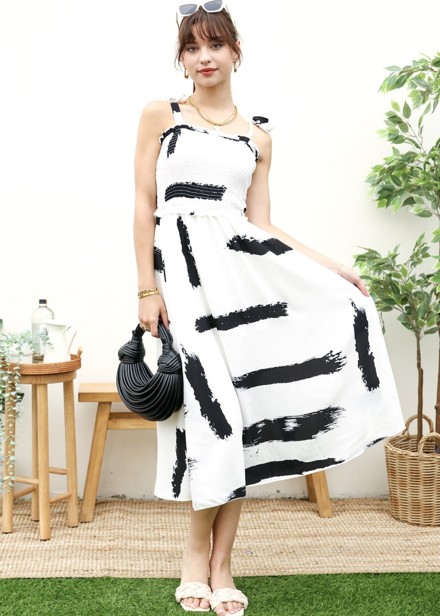 Tie-Shoulder Printed Shirred Dress