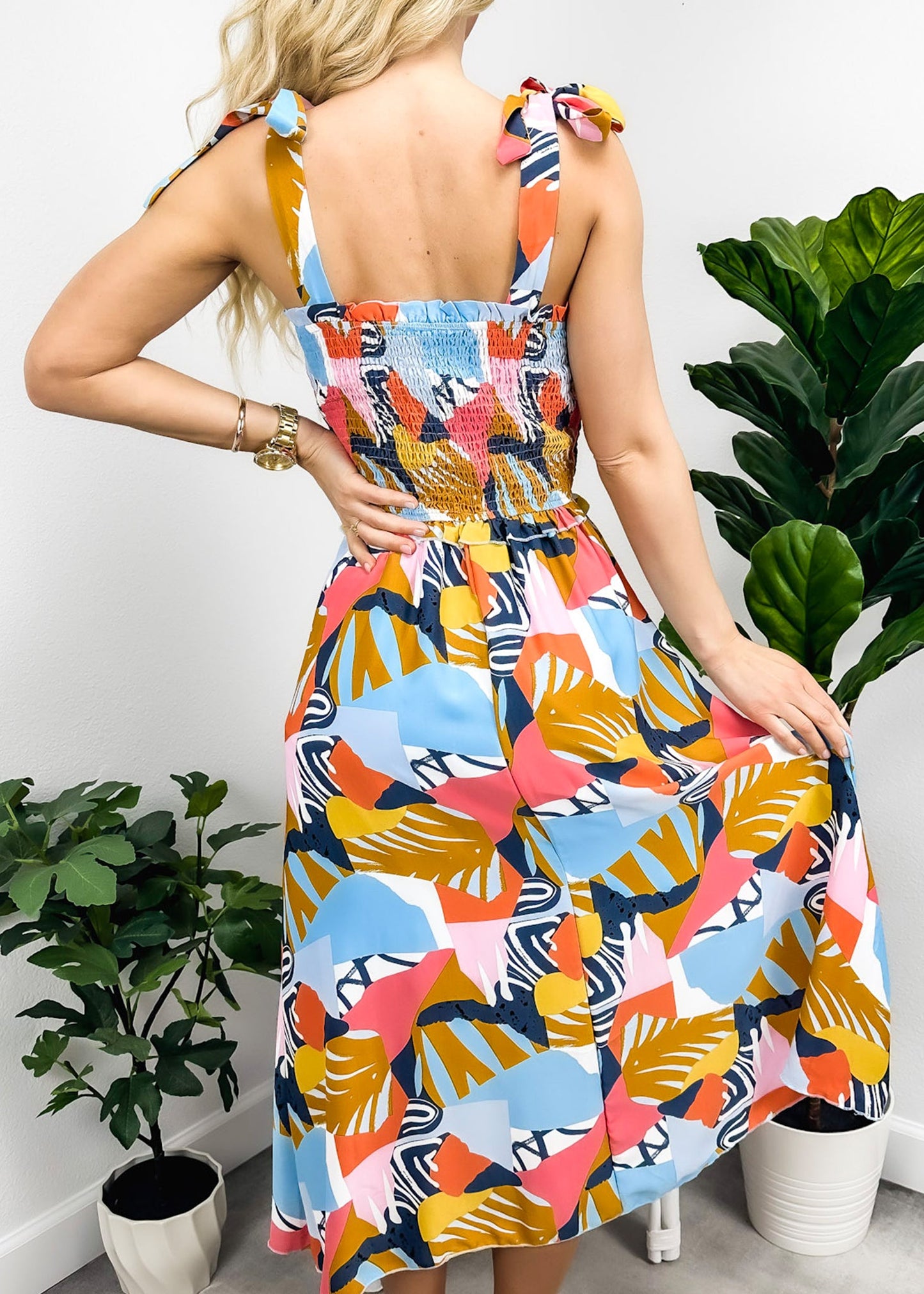 Tie-Shoulder Printed Shirred Dress