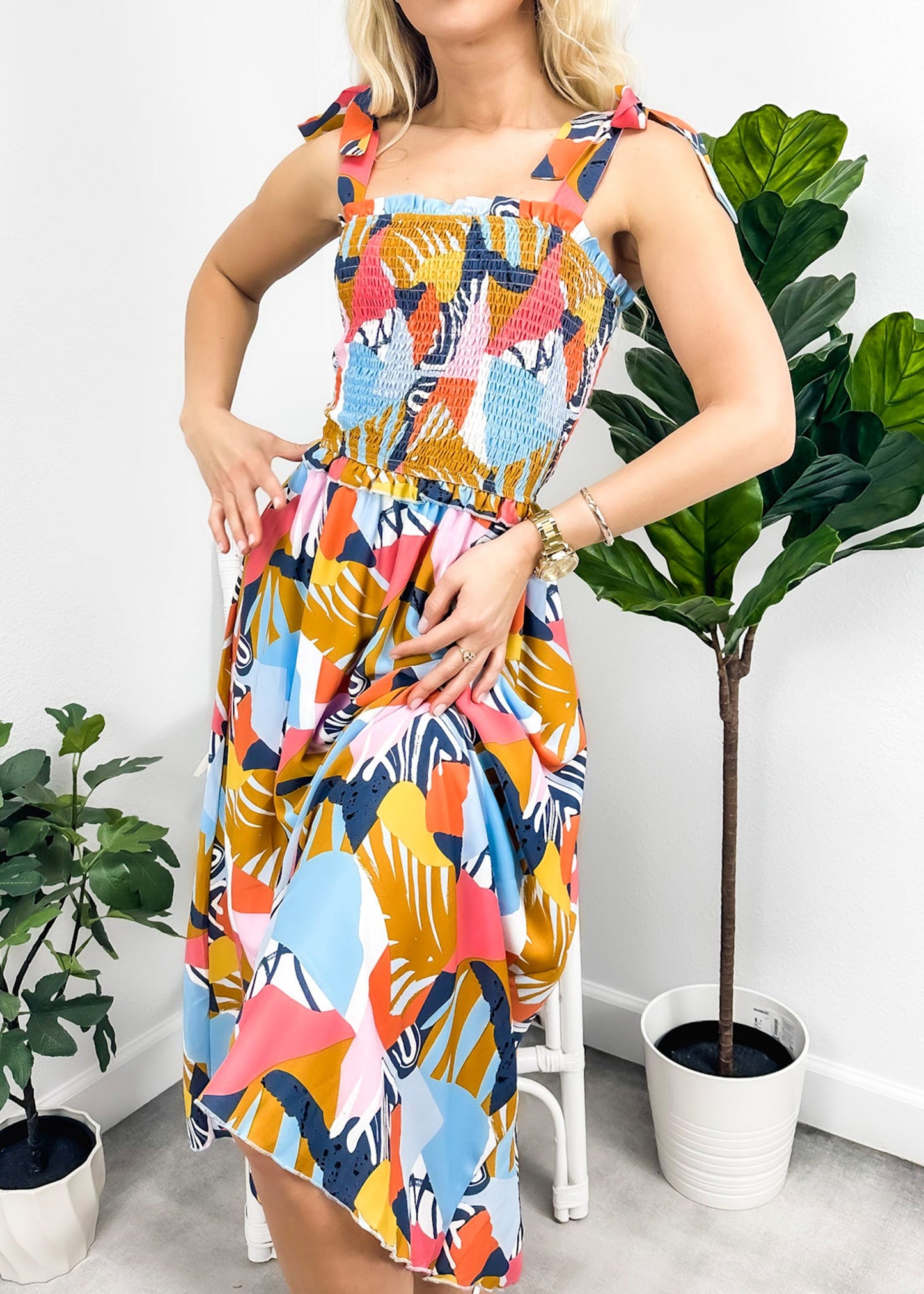 Tie-Shoulder Printed Shirred Dress