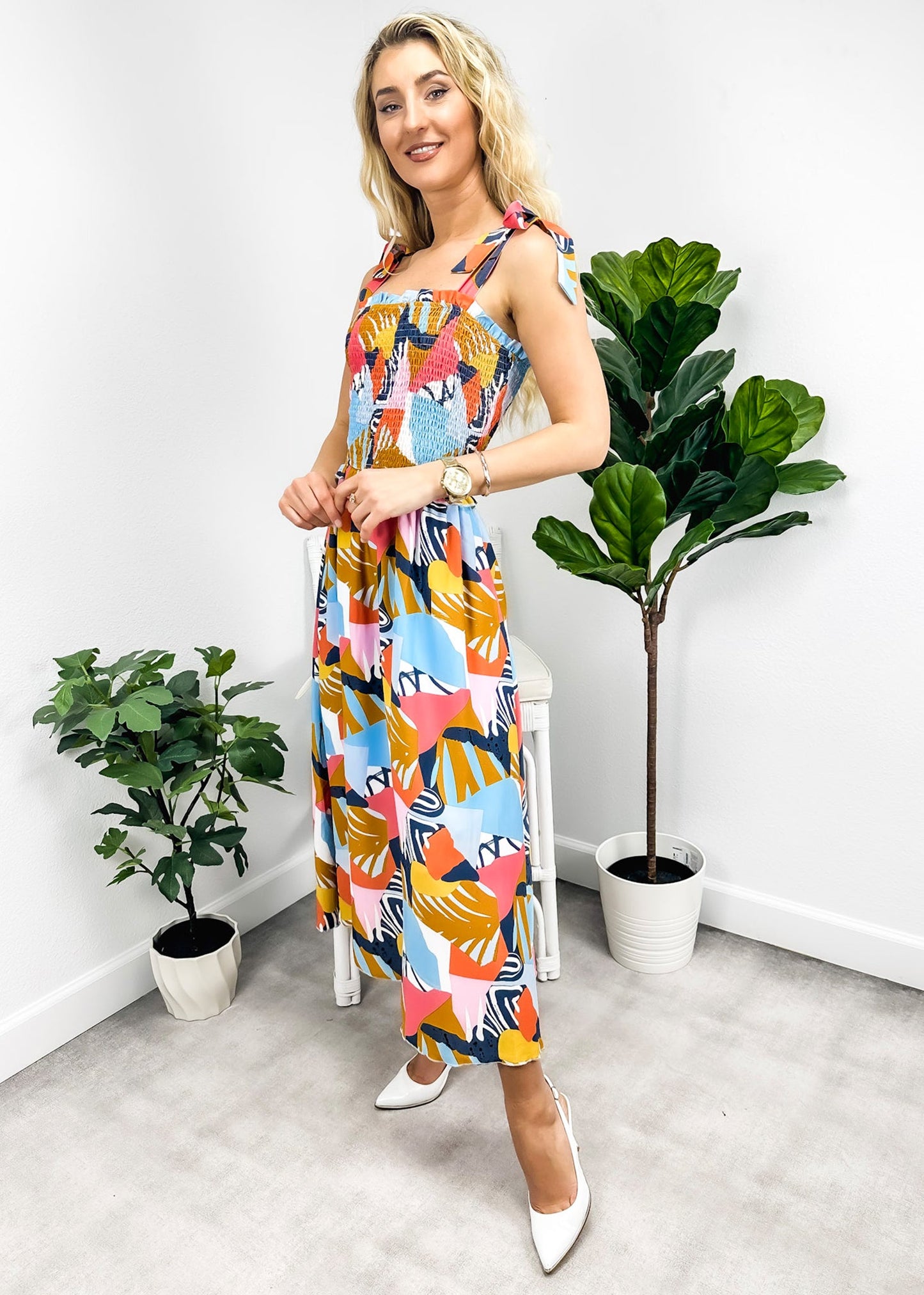 Tie-Shoulder Printed Shirred Dress