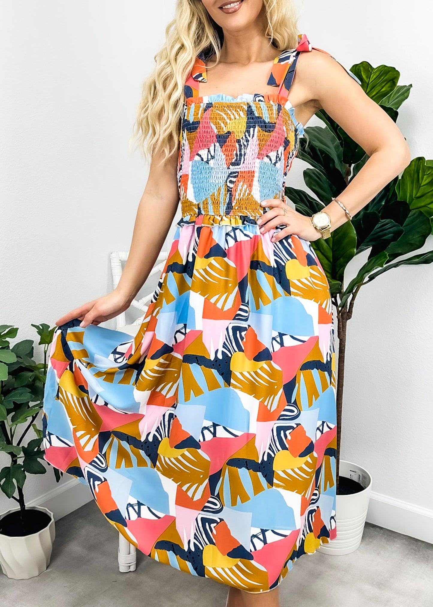 Tie-Shoulder Printed Shirred Dress