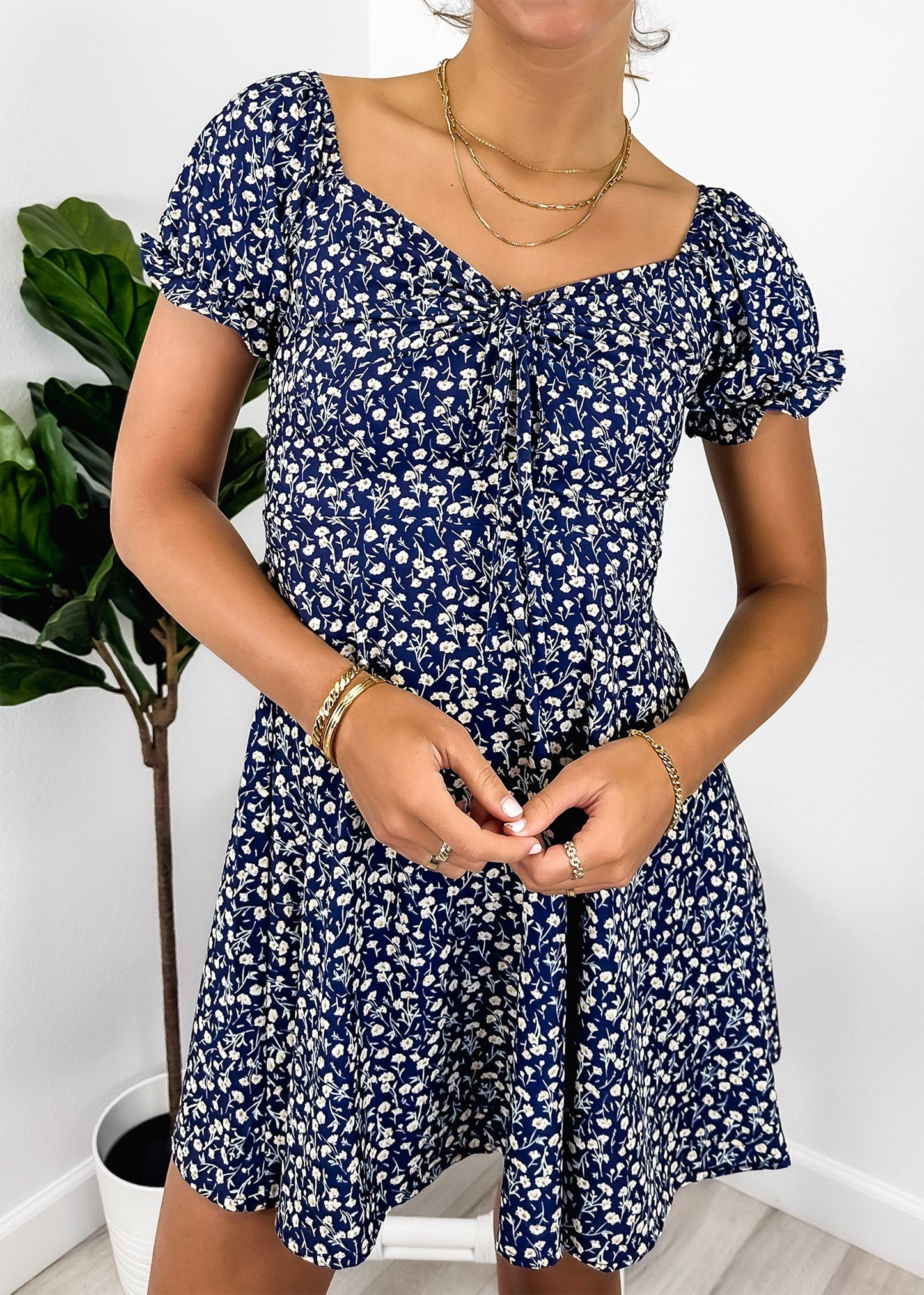 Tie V Neck Floral Dress