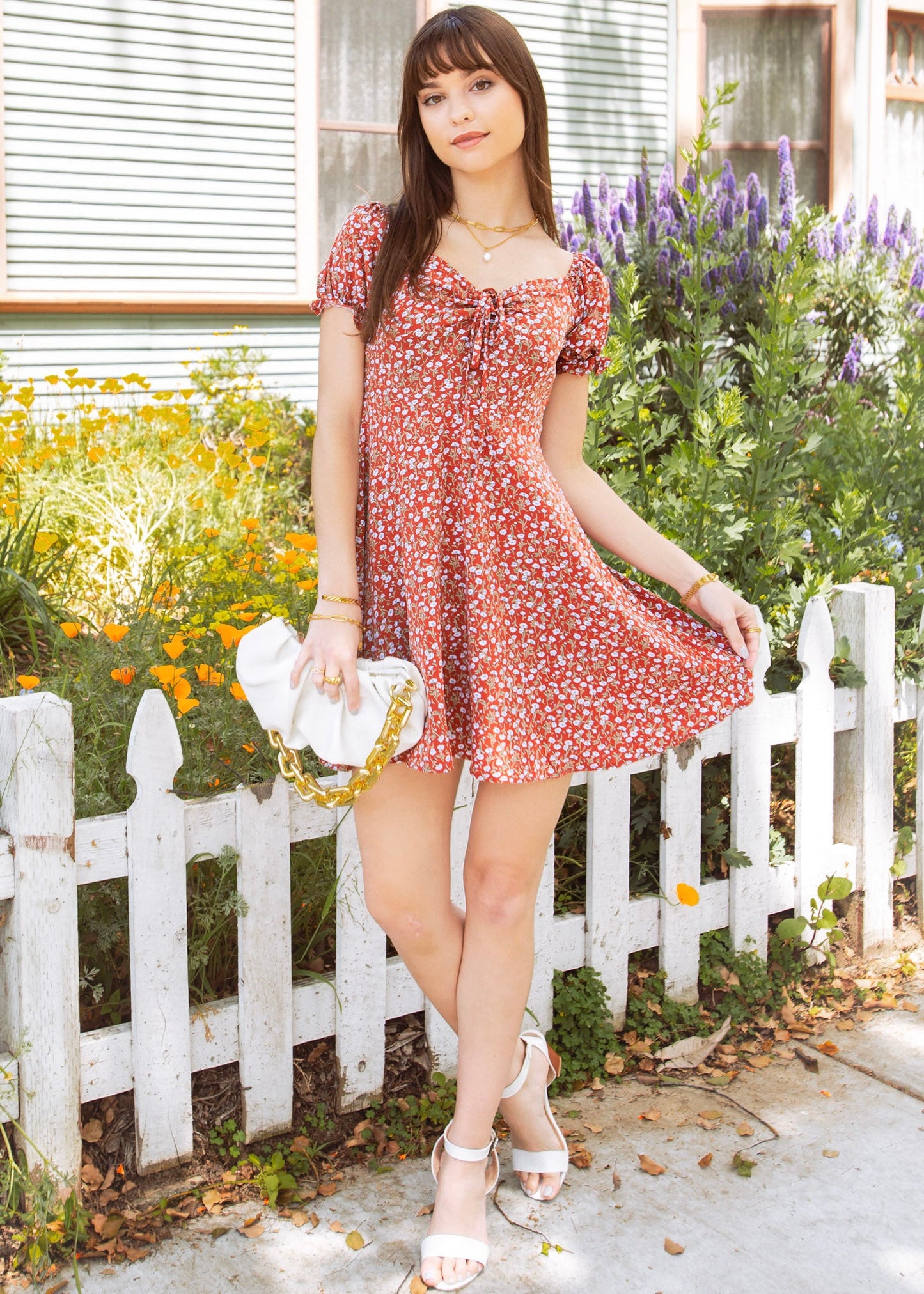 Tie V Neck Floral Dress