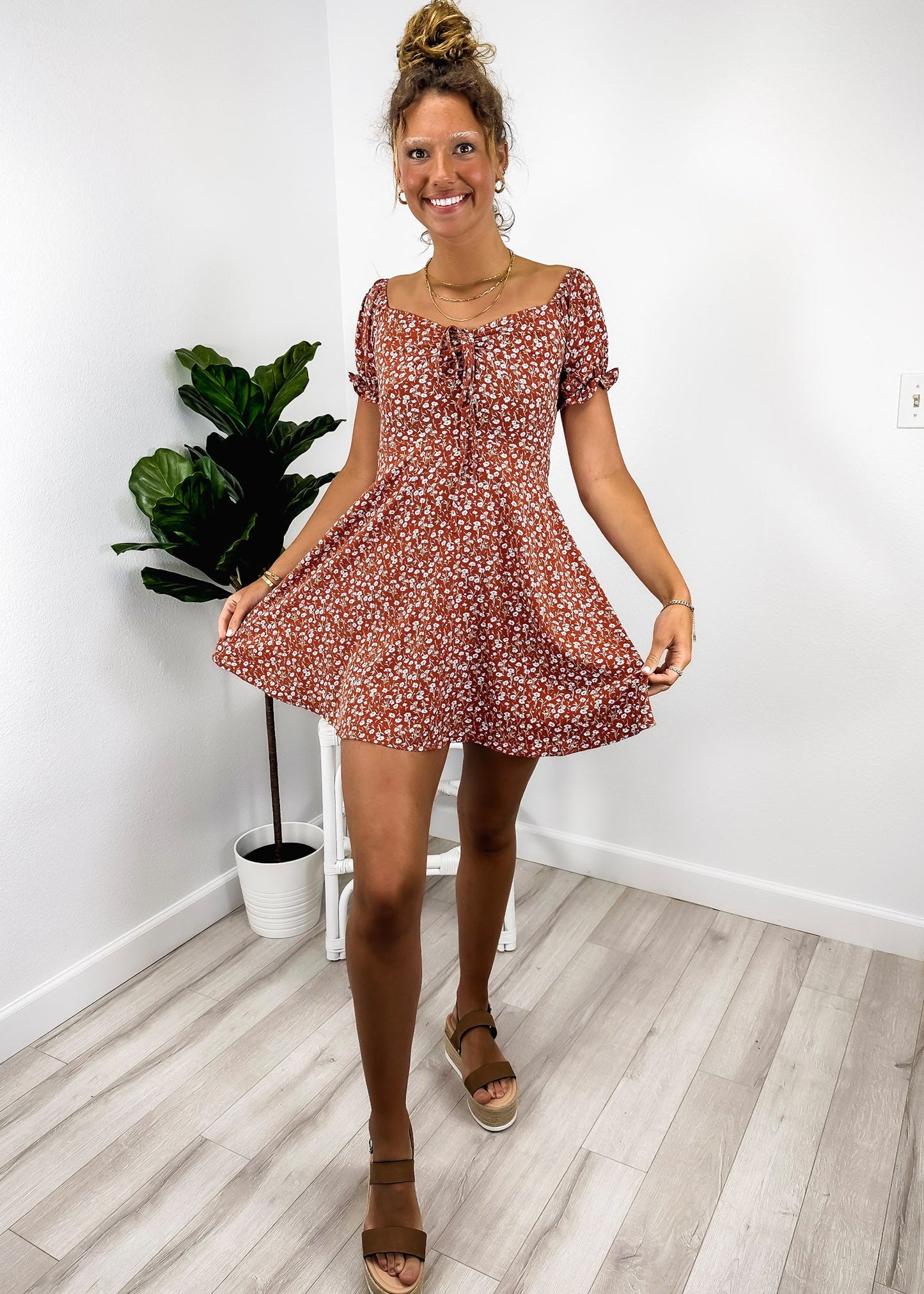 Tie V Neck Floral Dress