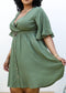 Plus Size O-Ring Tied Belt Waist Butterfly Flare Sleeve Midi Dress