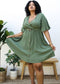 Plus Size O-Ring Tied Belt Waist Butterfly Flare Sleeve Midi Dress