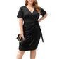 Plus Size Short Sleeve V-Neck Faux Wrap Dress with Side Tie and Draped Skirt