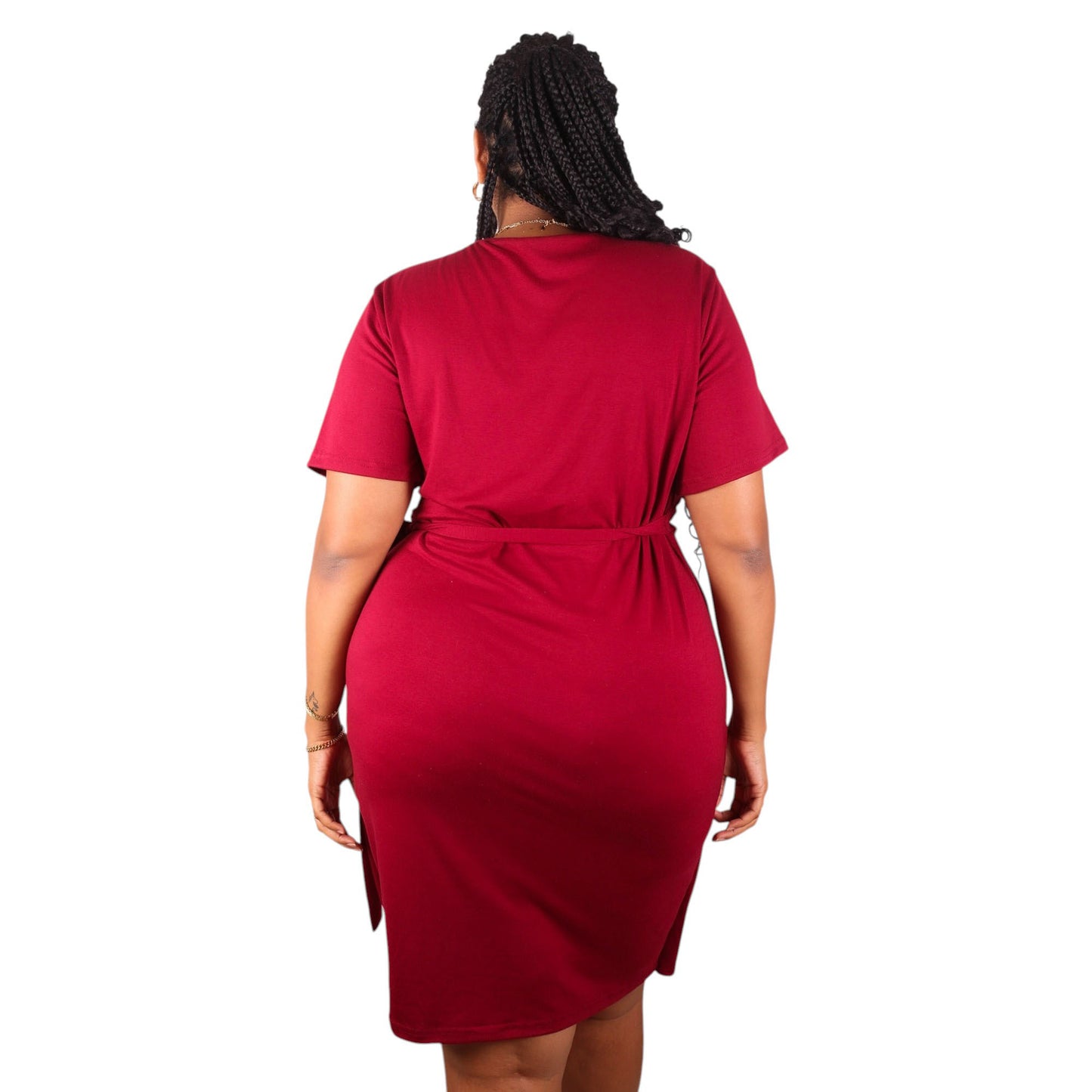 Plus Size Short Sleeve V-Neck Faux Wrap Dress with Side Tie and Draped Skirt