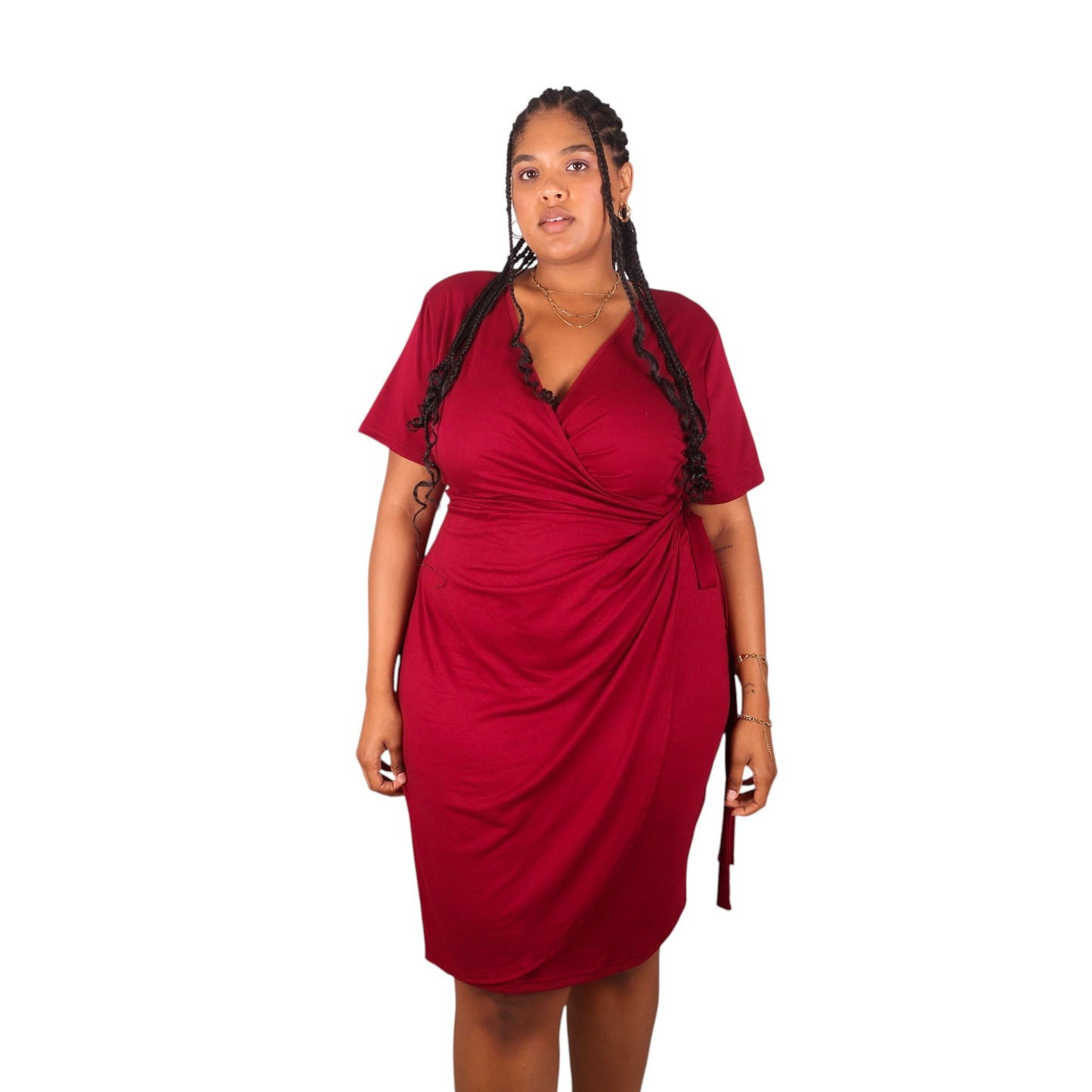 Plus Size Short Sleeve V-Neck Faux Wrap Dress with Side Tie and Draped Skirt