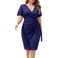 Plus Size Short Sleeve V-Neck Faux Wrap Dress with Side Tie and Draped Skirt