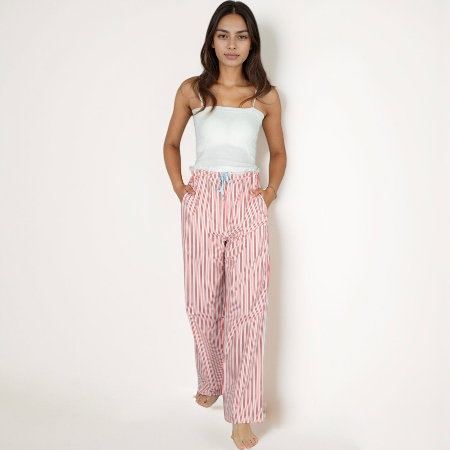 Women's Vertical Stripe Lounge Pants with Drawstring Waist and Relaxed Fit
