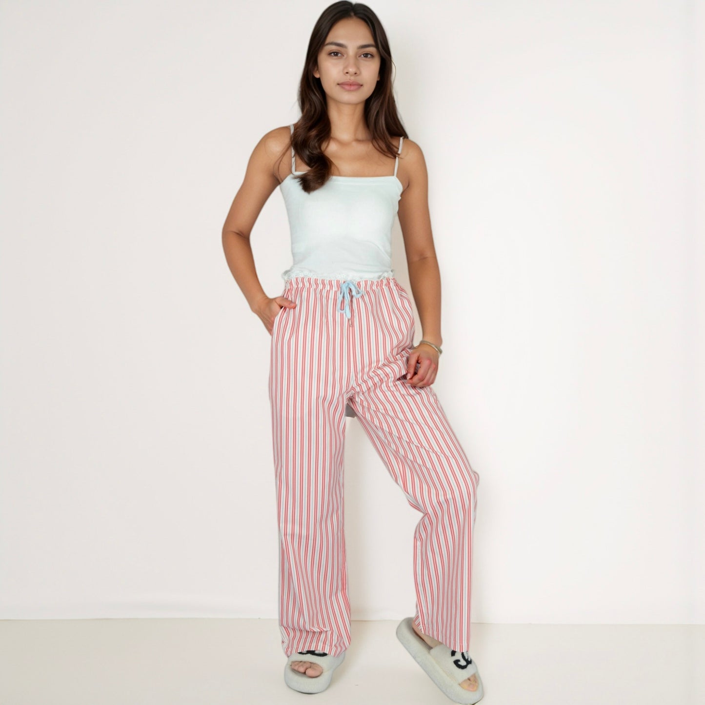 Women's Vertical Stripe Lounge Pants with Drawstring Waist and Relaxed Fit