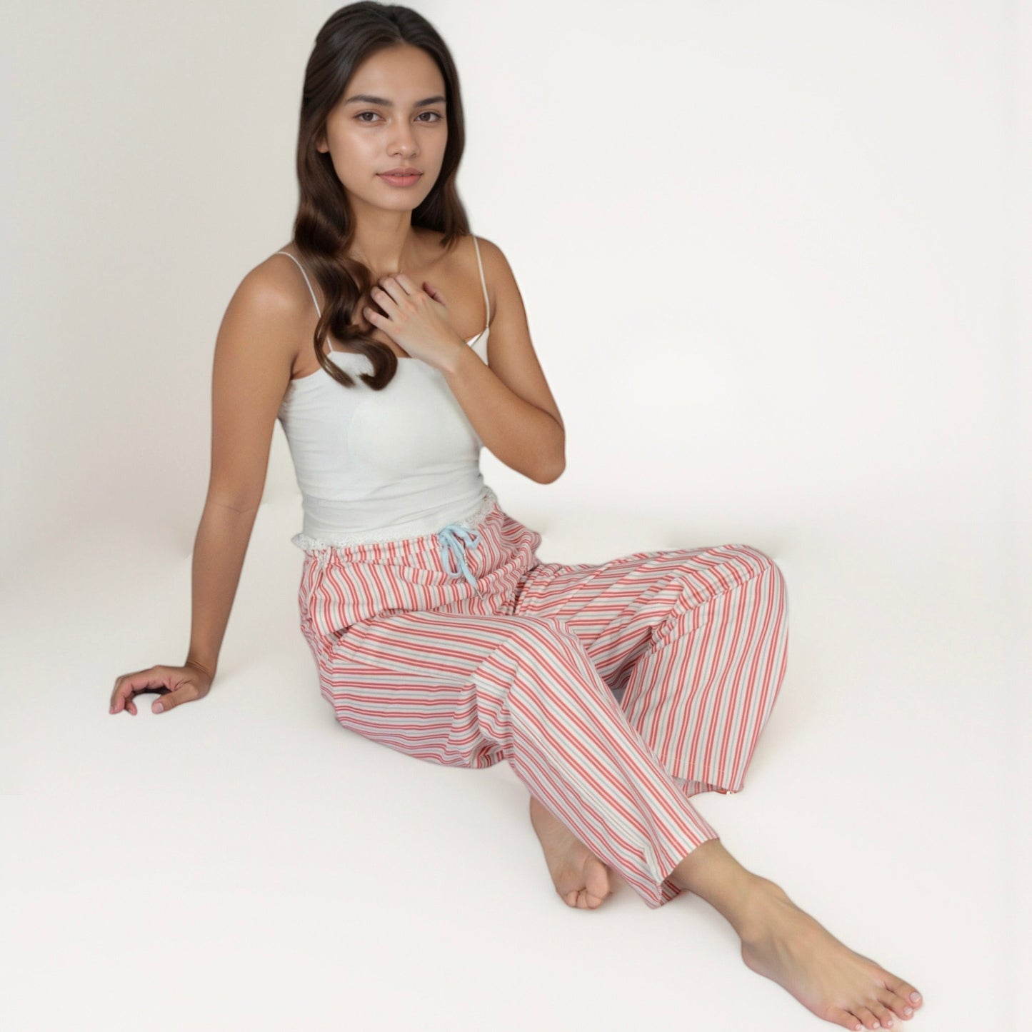 Women's Vertical Stripe Lounge Pants with Drawstring Waist and Relaxed Fit