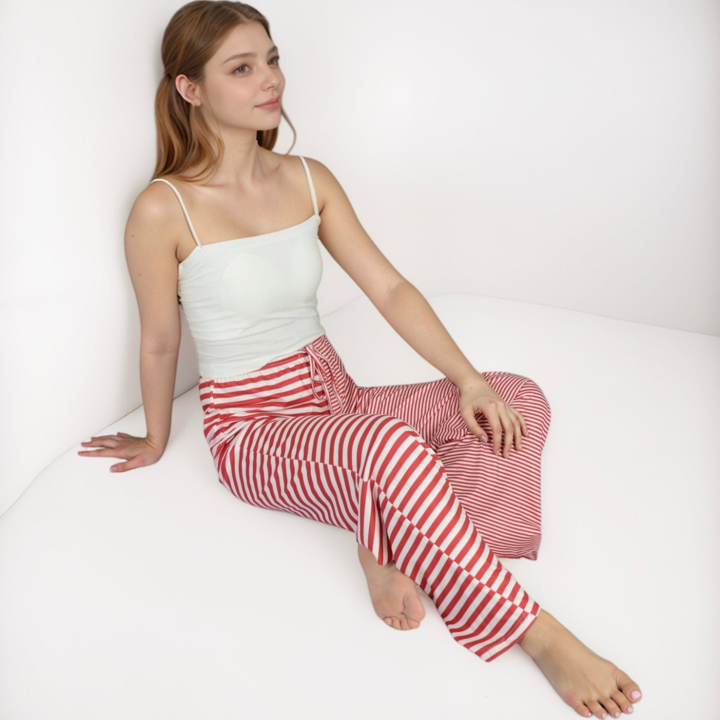 Women's Striped Drawstring Lounge Pants with Wide Leg and Soft Stretch Fabric