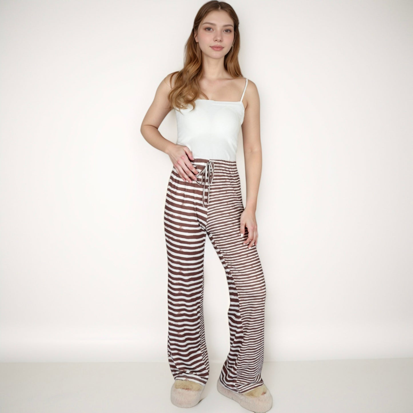 Women's Striped Drawstring Lounge Pants with Wide Leg and Soft Stretch Fabric