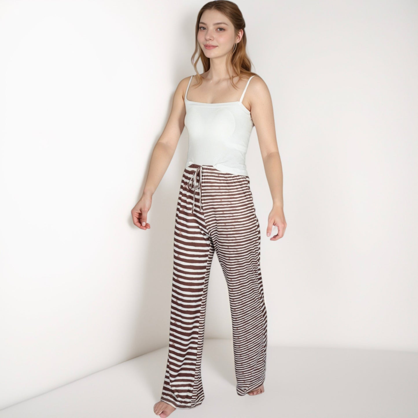 Women's Striped Drawstring Lounge Pants with Wide Leg and Soft Stretch Fabric