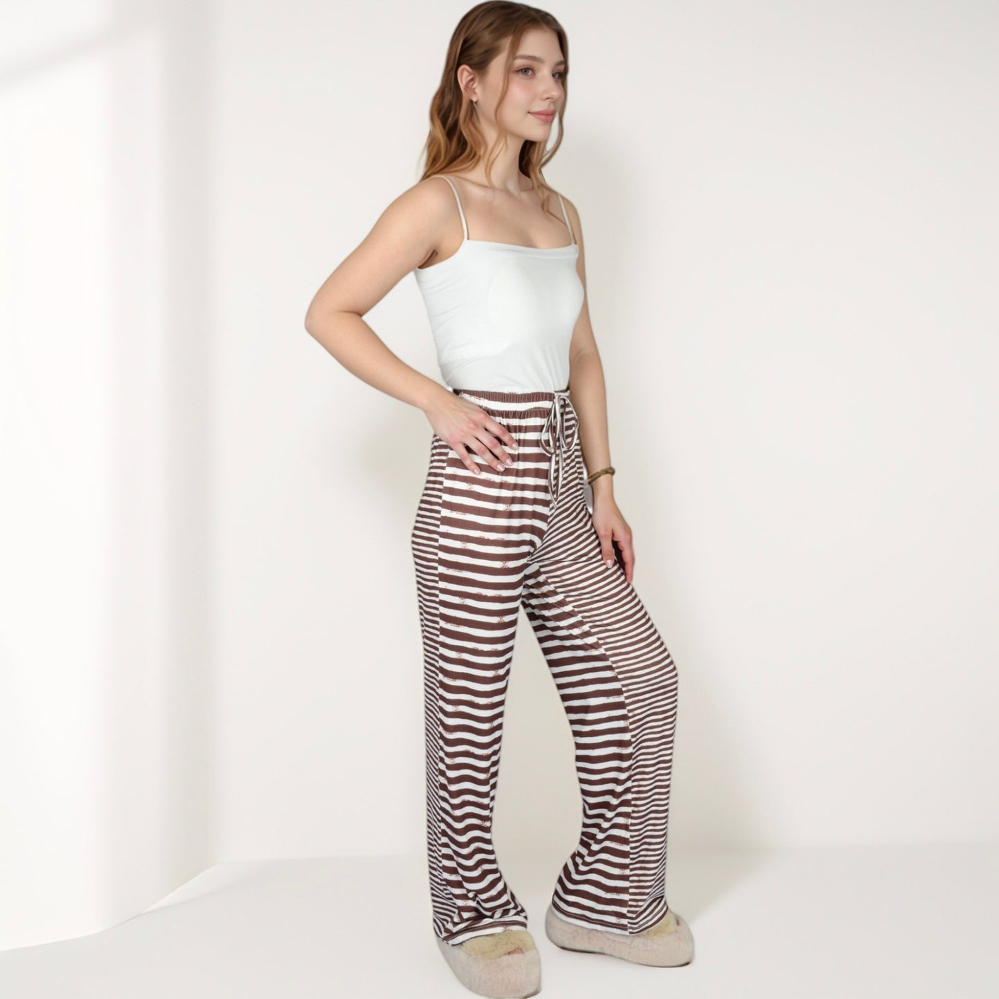 Women's Striped Drawstring Lounge Pants with Wide Leg and Soft Stretch Fabric