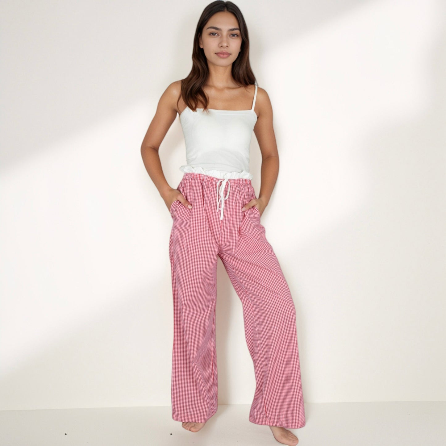 Women's Gingham Print Lounge Pants with Elastic Drawstring Waist and Relaxed Straight Leg Fit