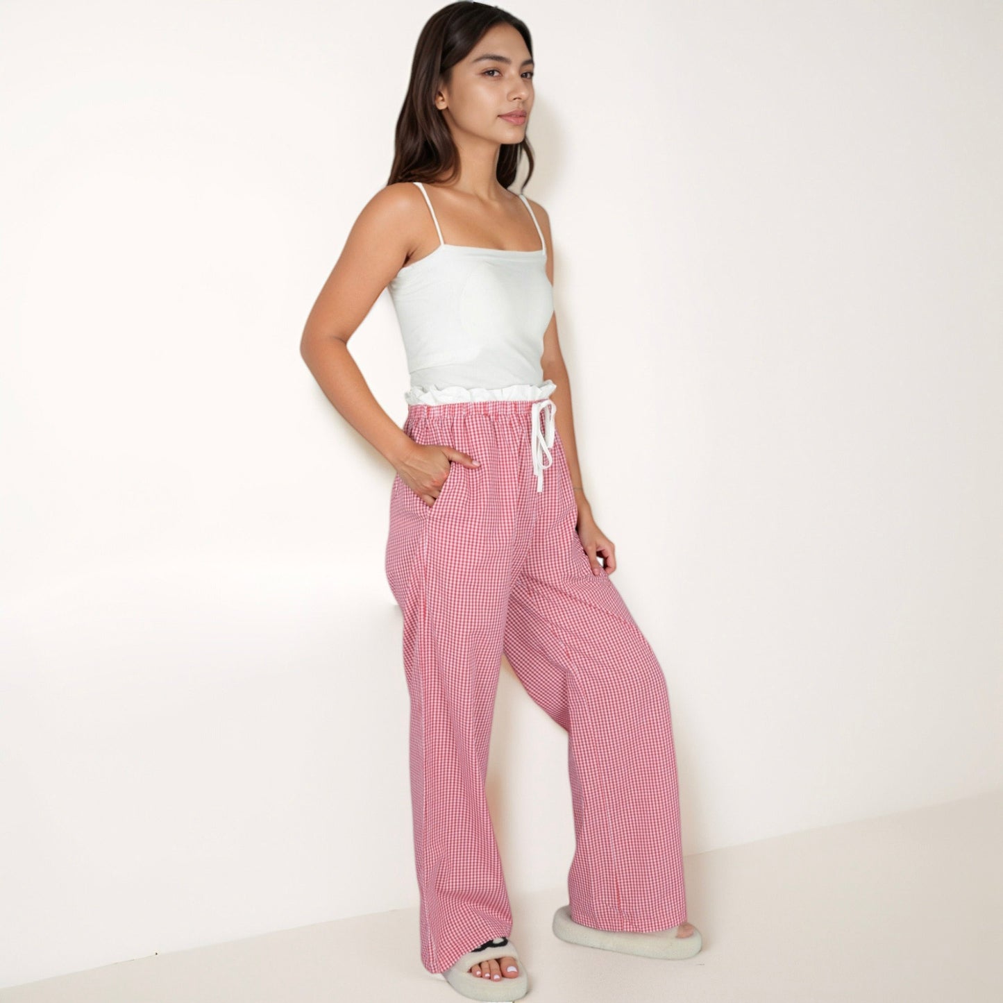Women's Gingham Print Lounge Pants with Elastic Drawstring Waist and Relaxed Straight Leg Fit
