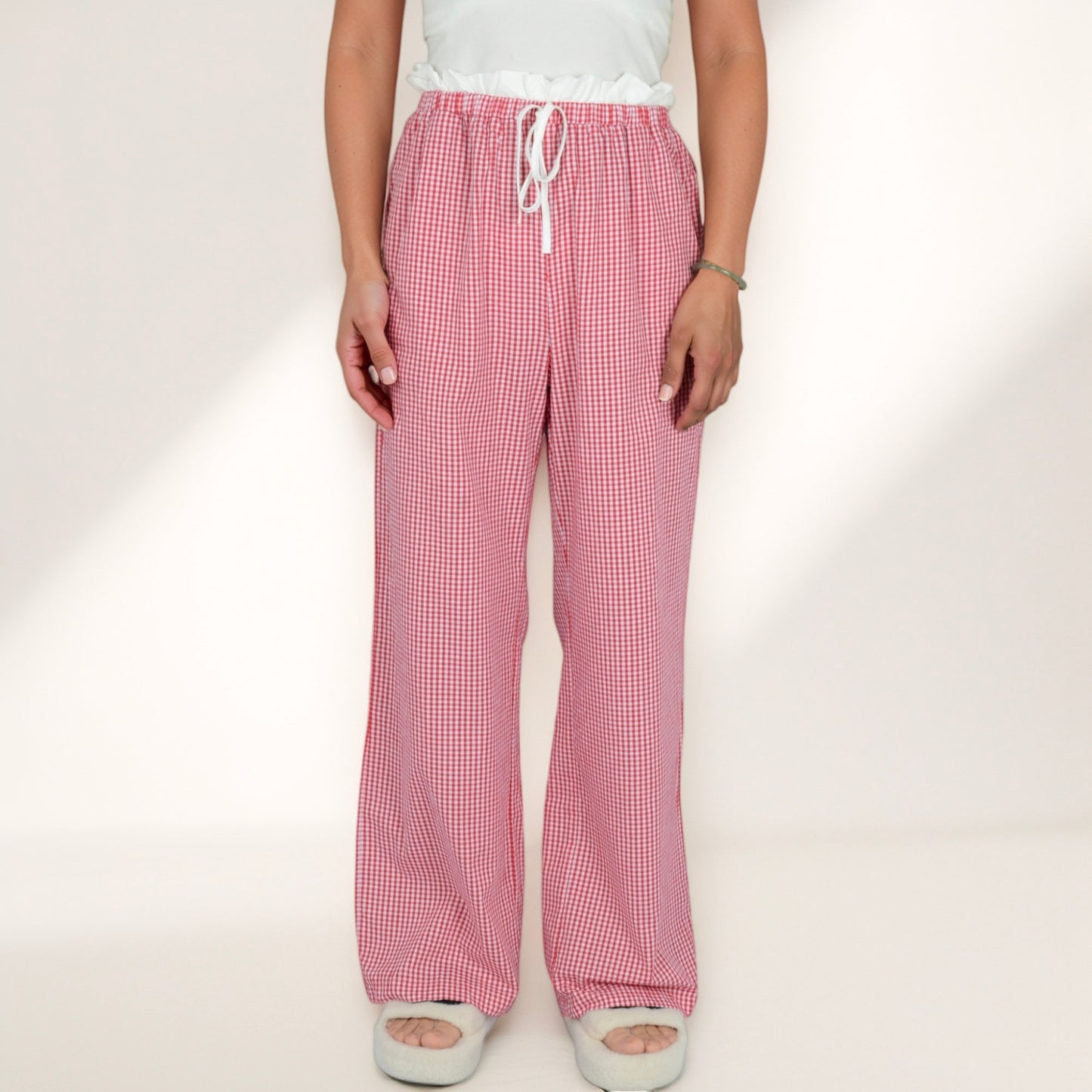 Women's Gingham Print Lounge Pants with Elastic Drawstring Waist and Relaxed Straight Leg Fit