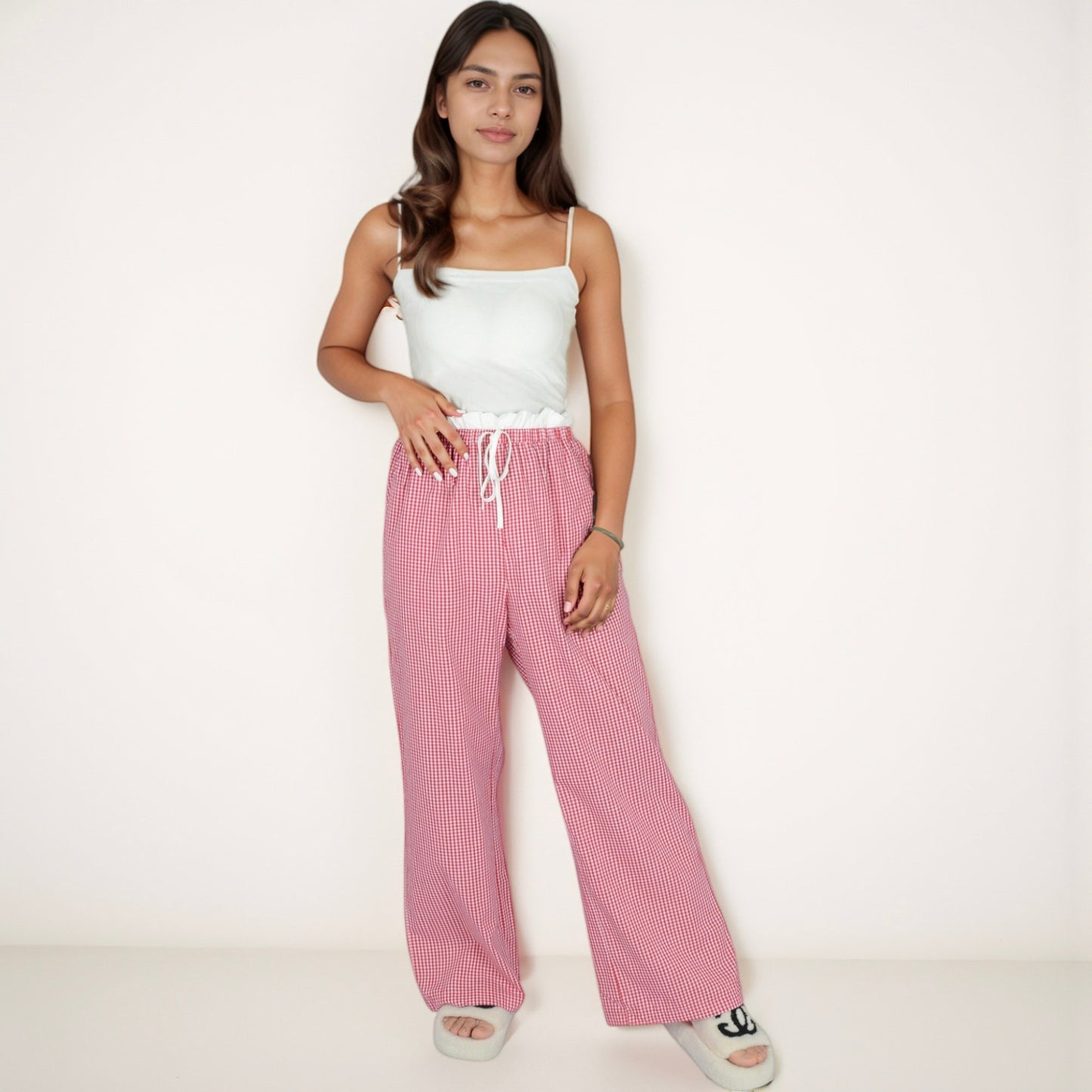 Women's Gingham Print Lounge Pants with Elastic Drawstring Waist and Relaxed Straight Leg Fit