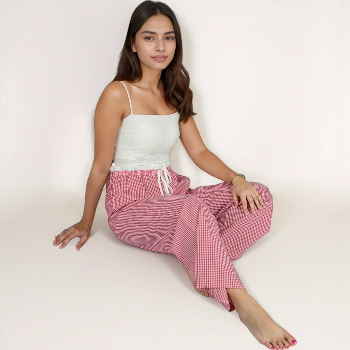Women's Gingham Print Lounge Pants with Elastic Drawstring Waist and Relaxed Straight Leg Fit