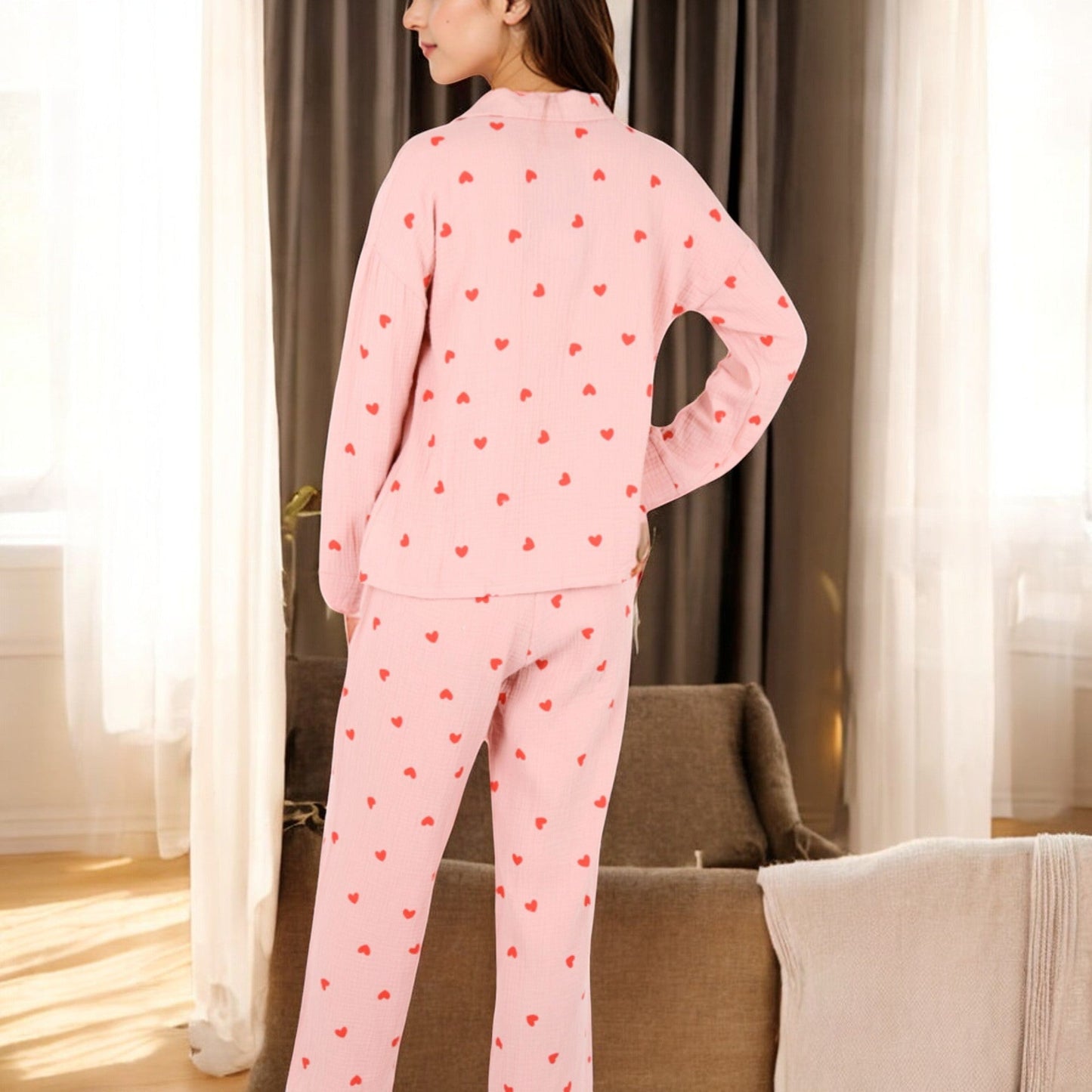 Anna-Kaci Women's Button-Up Pajama Set with Heart Print and Notched Collar