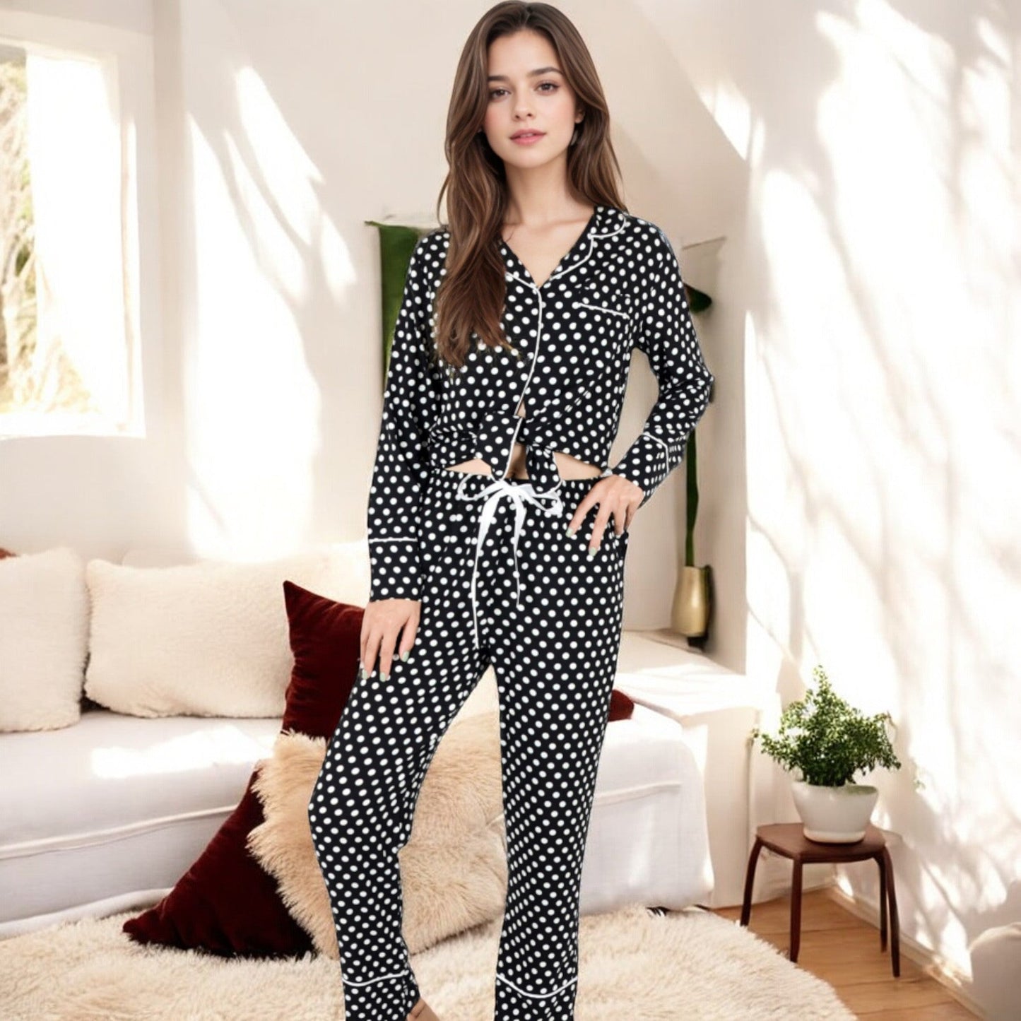 Anna-Kaci Women's Polka Dot Long Sleeve Pajama Set with Button-Up Top and Drawstring Pants