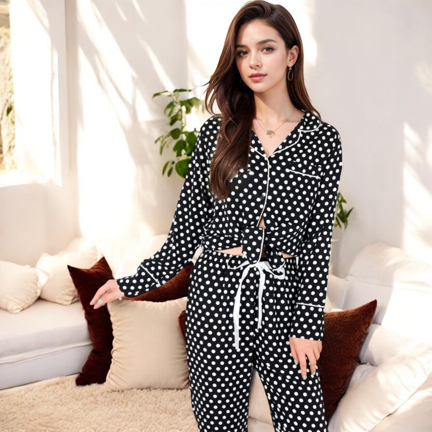 Anna-Kaci Women's Polka Dot Long Sleeve Pajama Set with Button-Up Top and Drawstring Pants