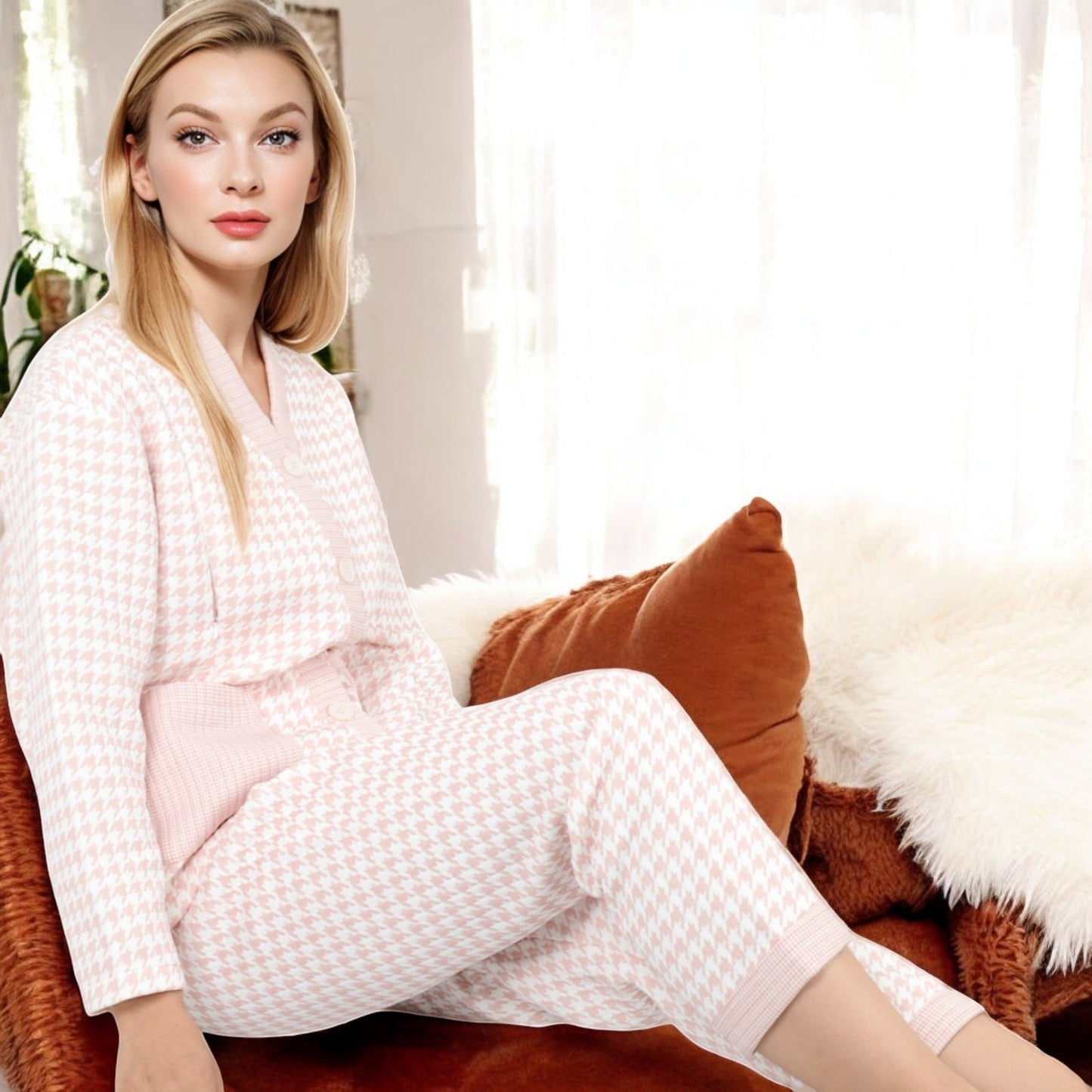 Anna-Kaci Women's Houndstooth Pajama Set with Button-Up Top and Patch Pocket