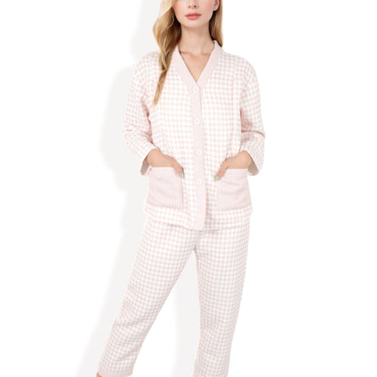 Anna-Kaci Women's Houndstooth Pajama Set with Button-Up Top and Patch Pocket