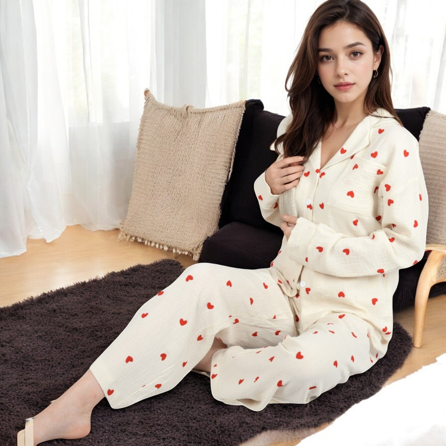 Women's Heart Print 2-Piece Pajama Set with Long Sleeve Button-Up Top and Relaxed Fit Pants