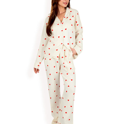 Women's Heart Print 2-Piece Pajama Set with Long Sleeve Button-Up Top and Relaxed Fit Pants