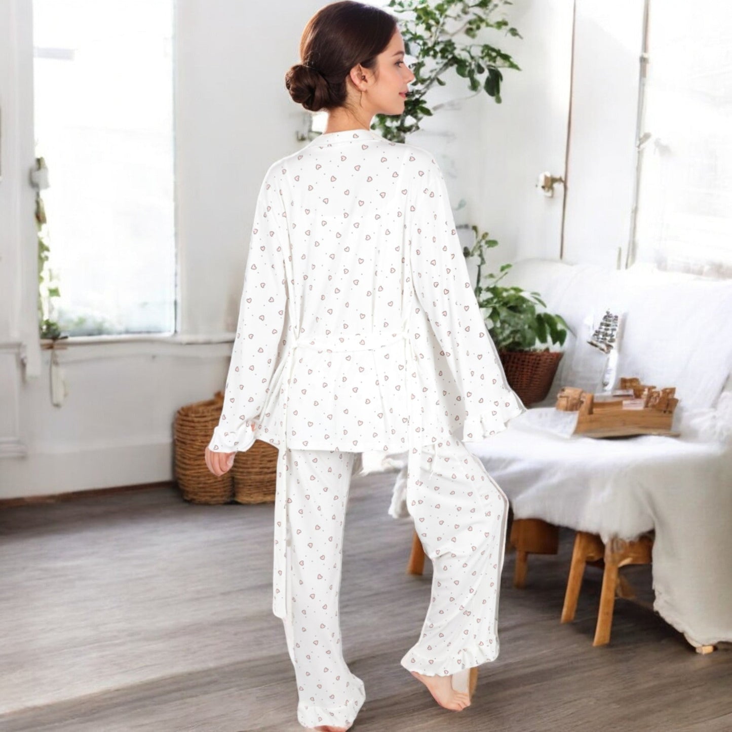 Women's Heart Print 3-Piece Pajama Set with Ruffled Trim Open Cardigan, Cropped Tank, and Elastic Waist Pants