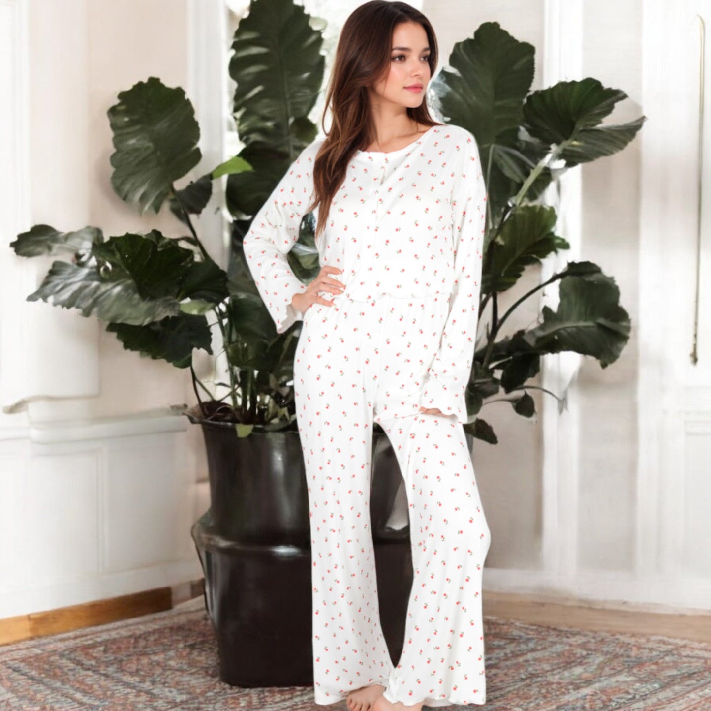 Women's Floral Print 2-Piece Pajama Set with Long Sleeve Top and Elastic Waist Relaxed Fit Pants