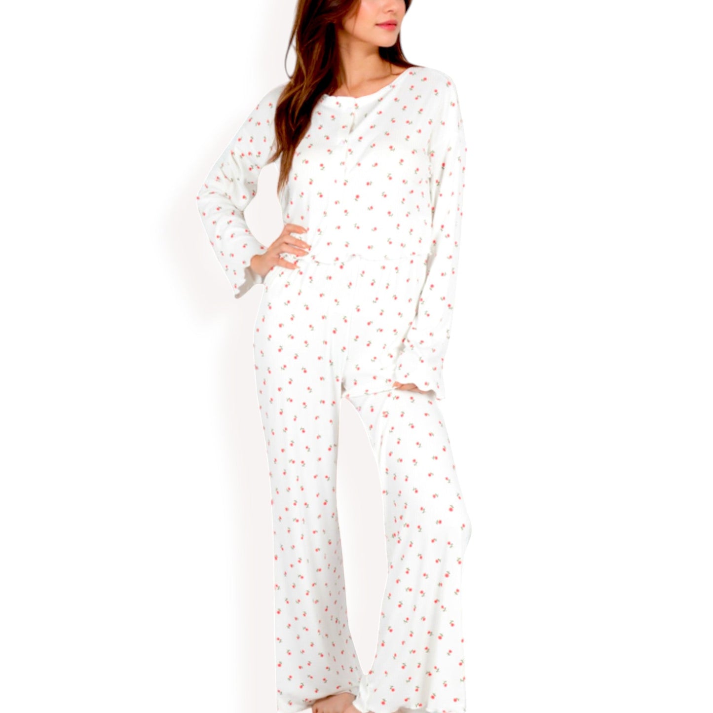 Women's Floral Print 2-Piece Pajama Set with Long Sleeve Top and Elastic Waist Relaxed Fit Pants