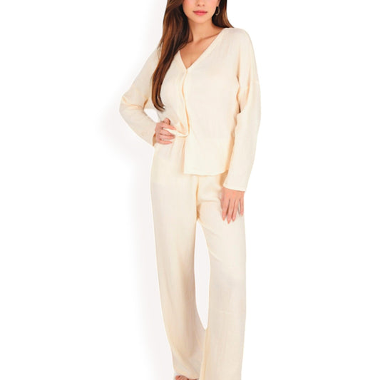 Women's Solid Color 2-Piece Pajama Set with Long Sleeve V-Neck Top and Relaxed Fit Wide-Leg Pants