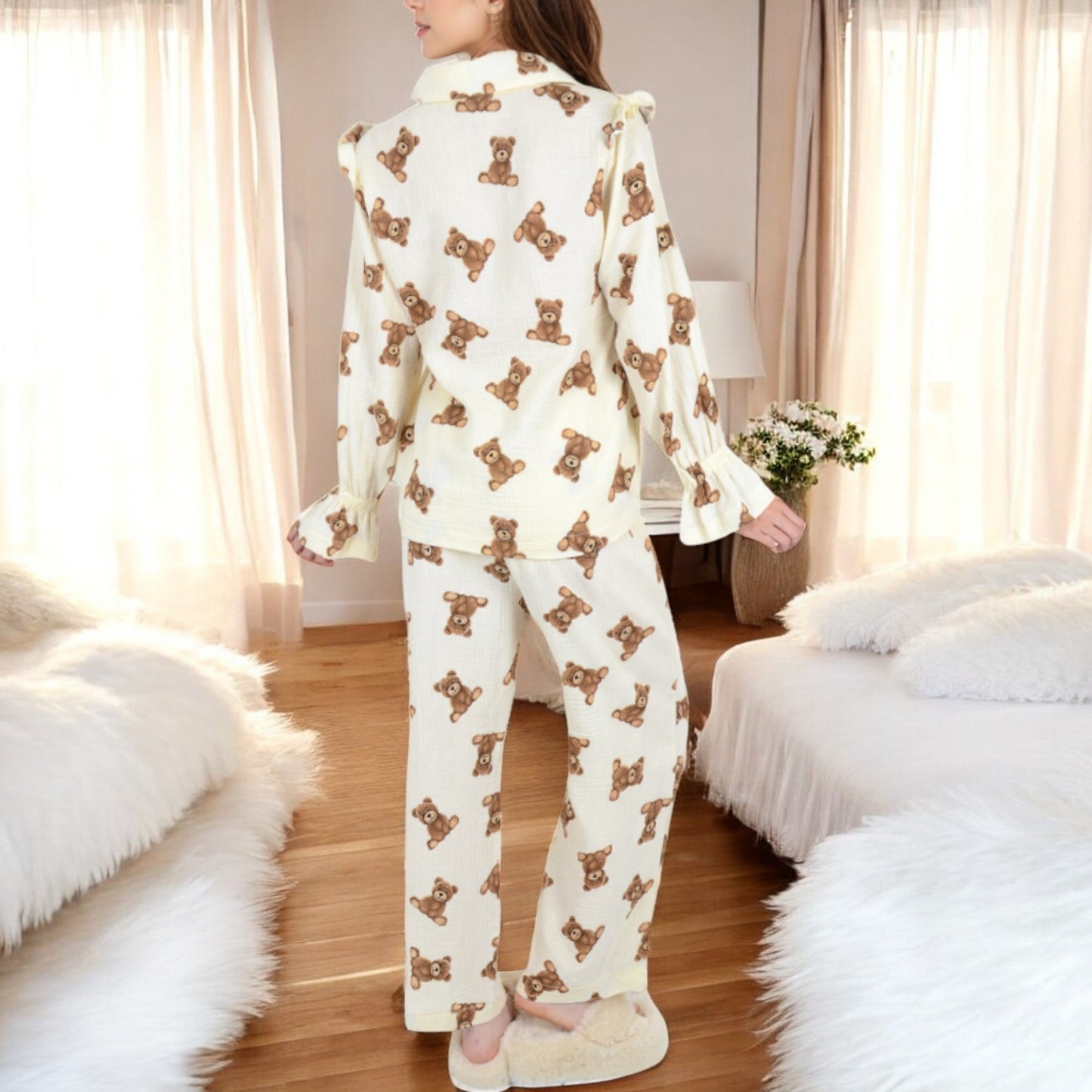 Anna-Kaci Women's Long Sleeve Cute Bear Print Sleepwear 2-Piece Set