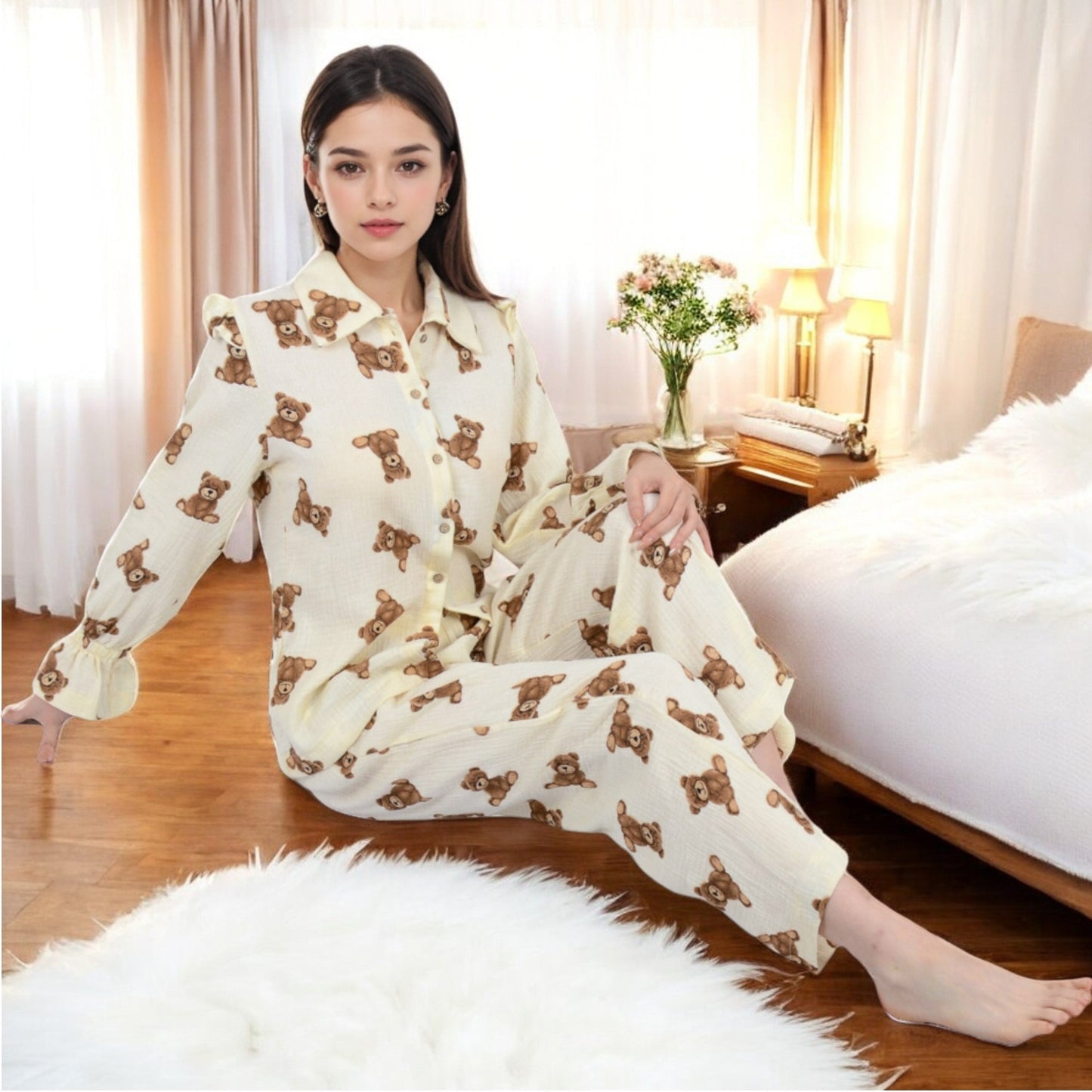 Anna-Kaci Women's Long Sleeve Cute Bear Print Sleepwear 2-Piece Set