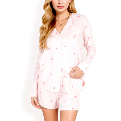 Women's Heart Print 2-Piece Pajama Set with Long Sleeve Button-Up Shirt and Relaxed Fit Elastic Waist Shorts