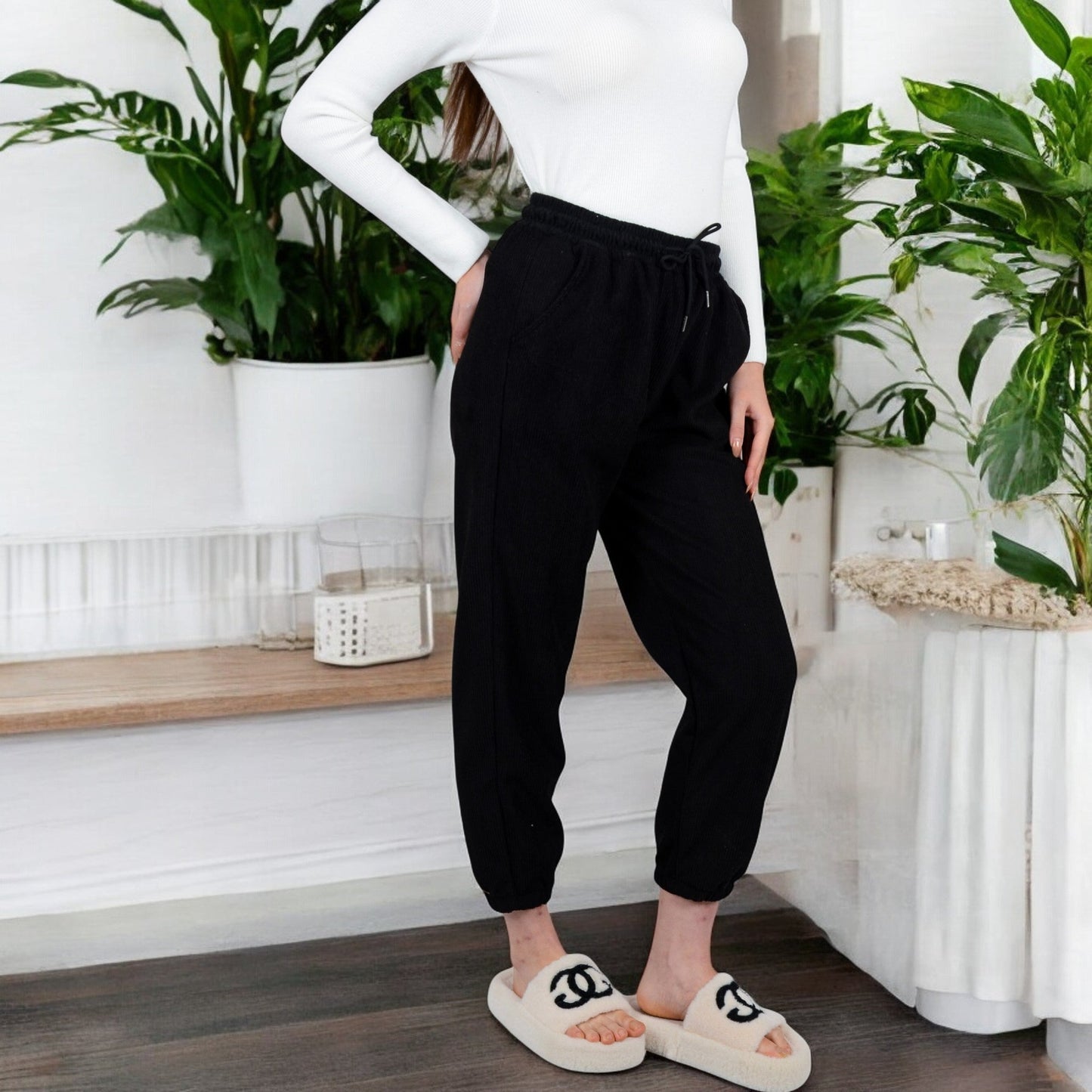 Women's High Waist Drawstring Pants with Elastic Cuffs and Side Pockets