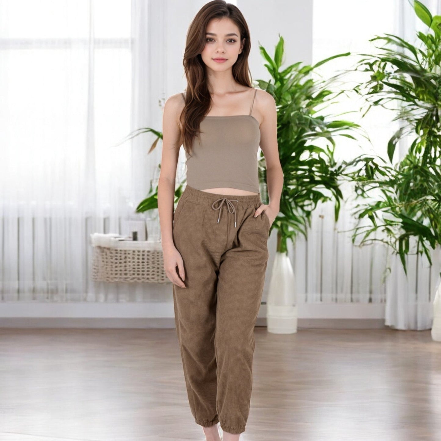 Women's High Waist Drawstring Pants with Elastic Cuffs and Side Pockets