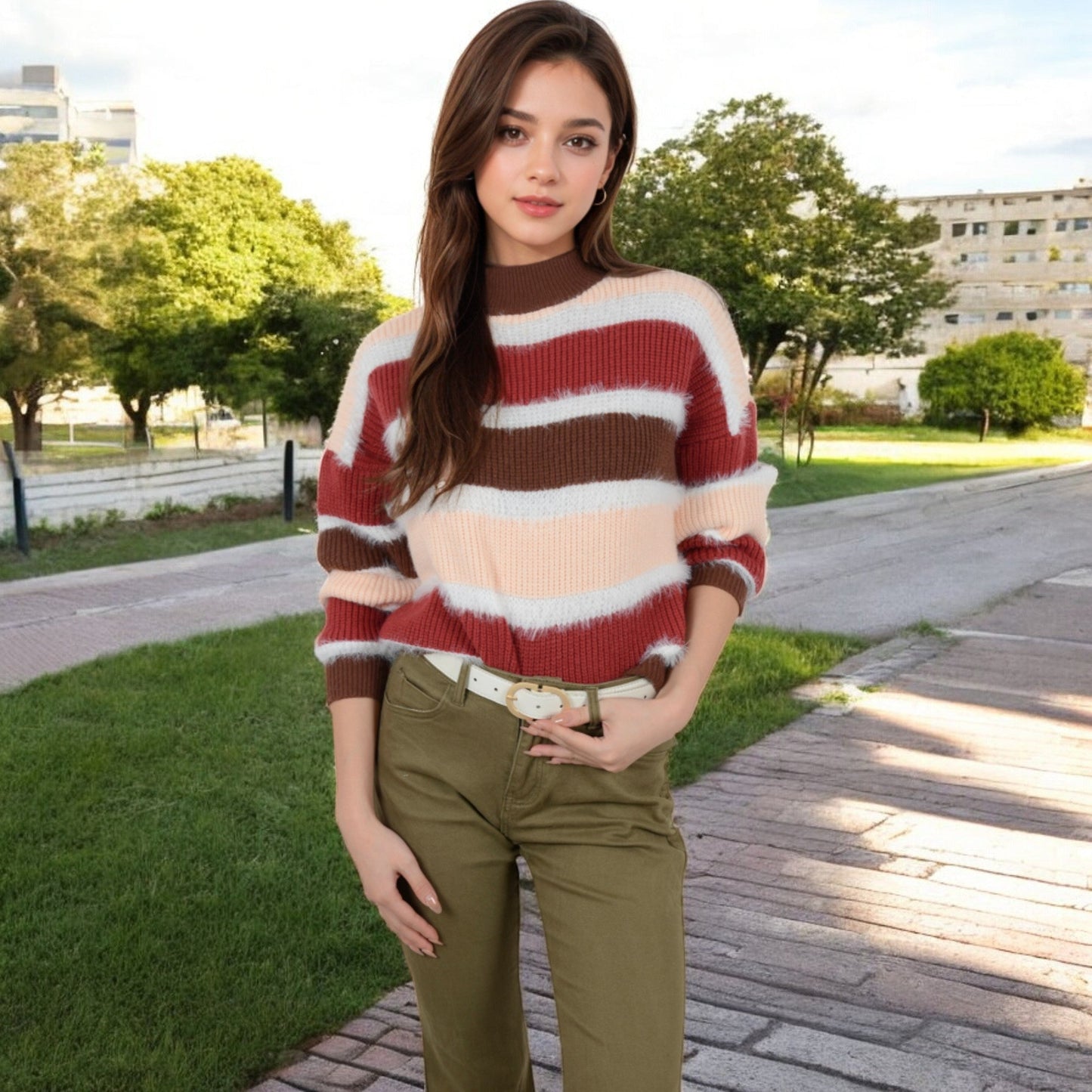 Striped Mock Neck Sweater with Color Block Design