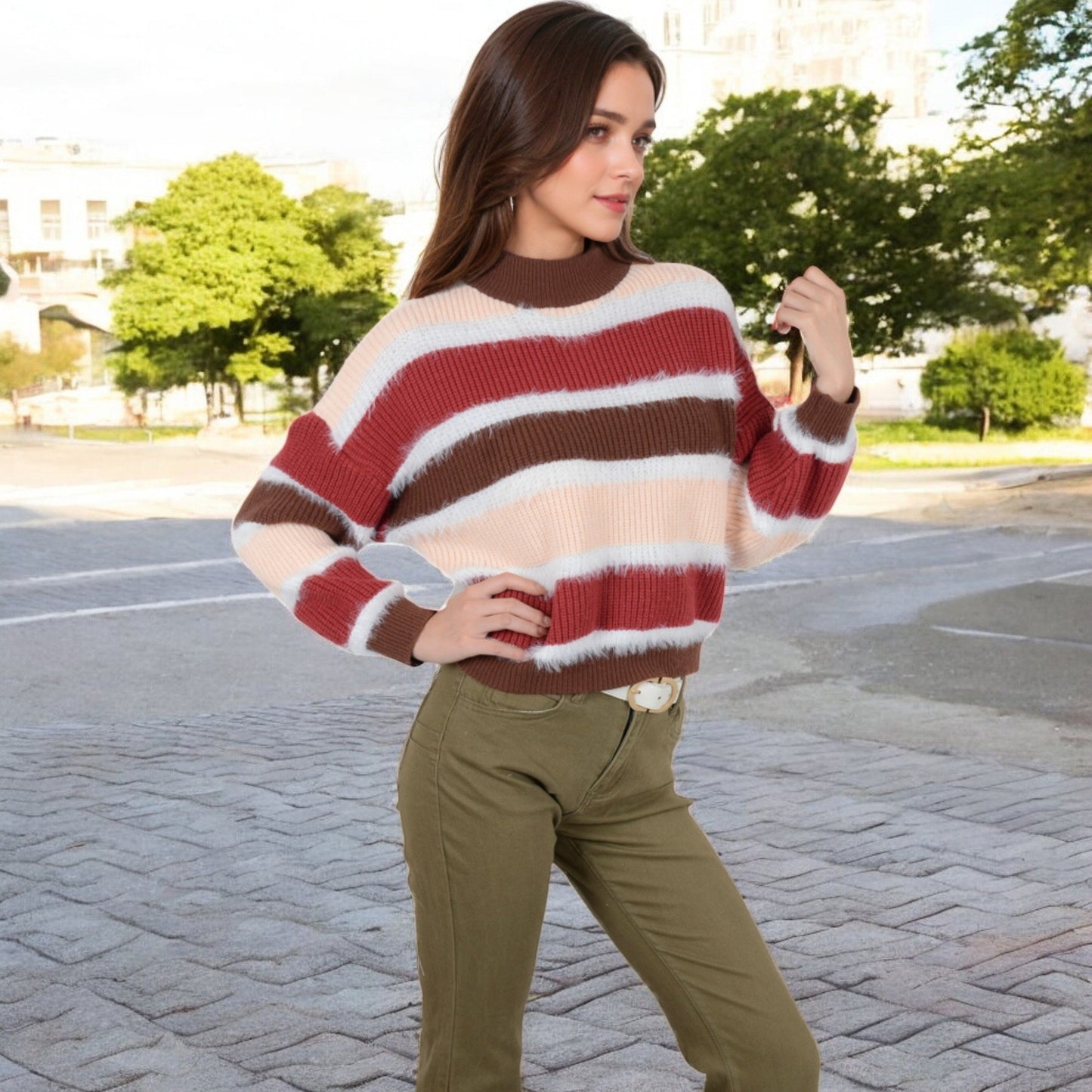 Striped Mock Neck Sweater with Color Block Design