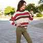 Striped Mock Neck Sweater with Color Block Design