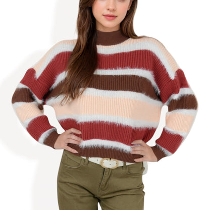 Striped Mock Neck Sweater with Color Block Design