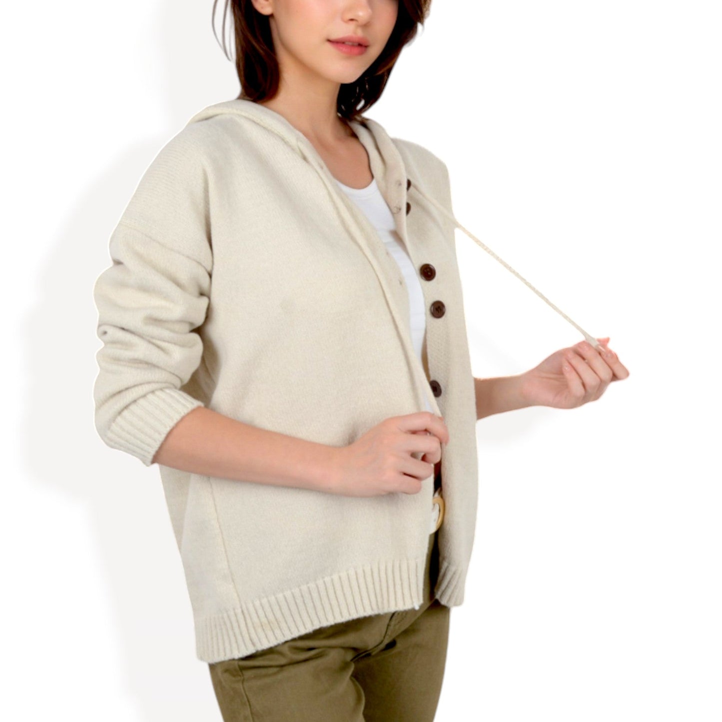 Knit Button-Up Cardigan with Drawstring Hood and Ribbed Hem