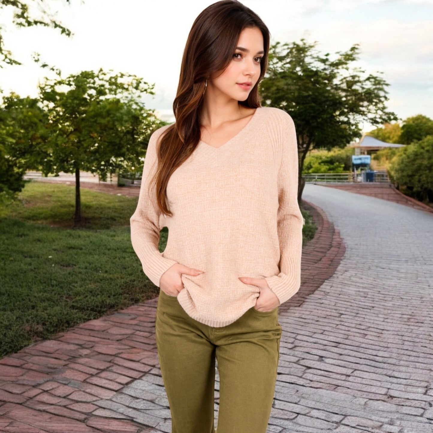 Textured Knit Sweater with V-Neckline and Ribbed Sleeves