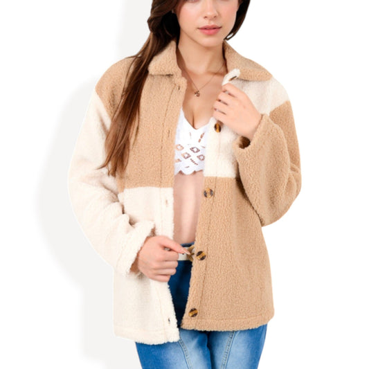 High Pile Fleece Color Block Button-Up Jacket