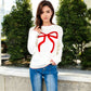 Long Sleeve Knit Sweater with Bow Detail Contrast Stitching